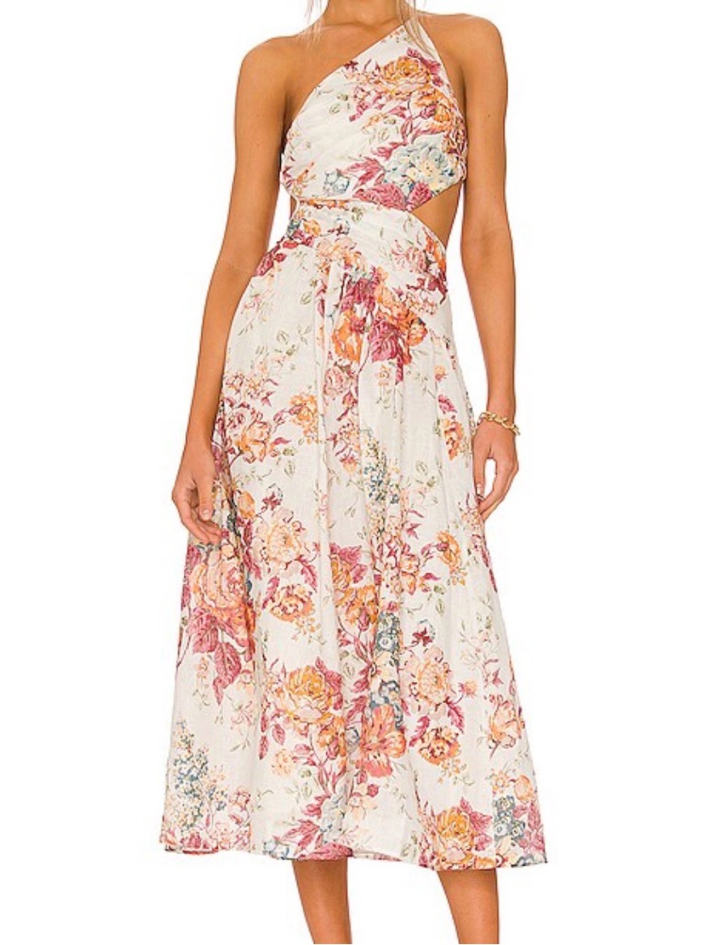 Floral One-Shoulder Cutout Midi Dress in Ivory and Pink